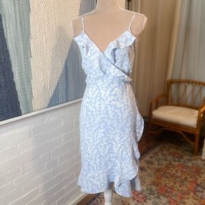 Bar III Blue Floral Full Wrap Ruffle Hem Dress